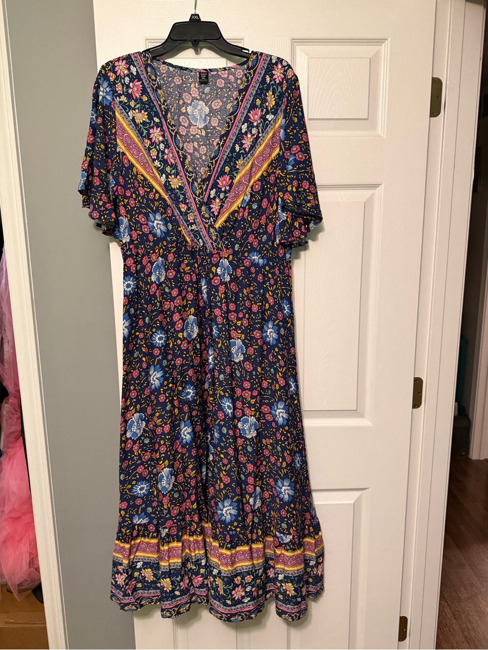 SHEIN Navy Floral Maxi Dress with Yellow Trim